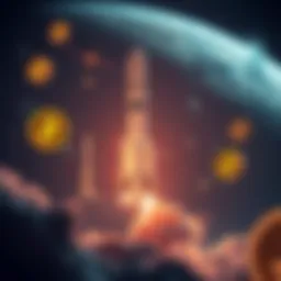 A futuristic depiction of a SpaceX rocket launching with digital currency symbols in the background